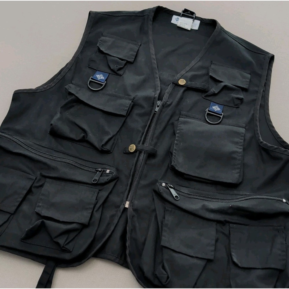 Vtg Columbia PFG Black Fishing Utility Vest Men S/M Vented Multi-pocket Tactical